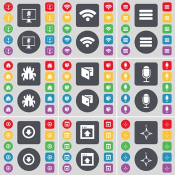 Monitor, Wi-Fi, Apps, Bug, Wallet, Microphone, Arrow down, Window, Compass icon symbol. A large set of flat, colored buttons for your design. illustration
