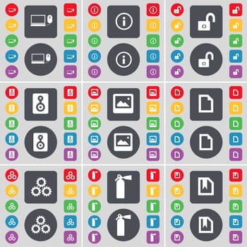 Laptop, Information, Lock, Speaker, Window, File, Gear, Fire extinguisher icon symbol. A large set of flat, colored buttons for your design. illustration