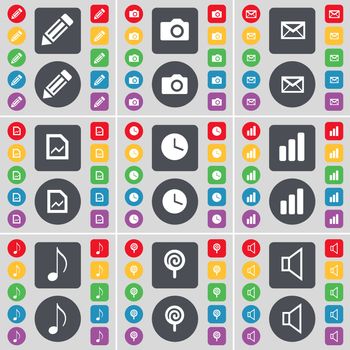 Pencil, Camera, Message, Graph file, Clock, Diagram, Note, Lollipop, Sound icon symbol. A large set of flat, colored buttons for your design. illustration