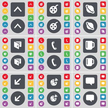 Arrow up, Videotape, Planet, Wallet, Receiver, Cup, Deploying screen, Pizza, Chat bubble icon symbol. A large set of flat, colored buttons for your design. illustration