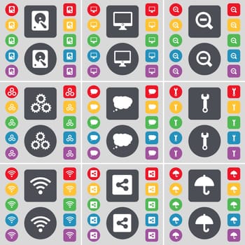 Hard drive, Monitor, Magnifying glass, Gear, Chat bubble, Wrench, Wi-FI, Share, Umbrella icon symbol. A large set of flat, colored buttons for your design. illustration