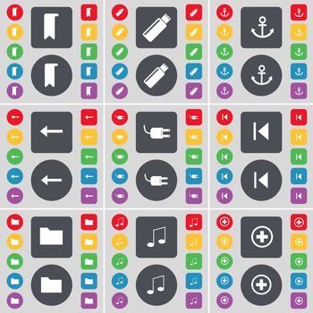 Marker, USB, Anchor, Arrow left, Socket, Media skip, Folder, Note, Plus icon symbol. A large set of flat, colored buttons for your design. illustration