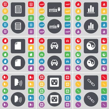 Calculator, Keyboard, Diagram, File, Car, Yin-Yang, Talk, Socket, Link icon symbol. A large set of flat, colored buttons for your design. illustration
