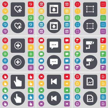 Heart, Window, Frame, Plus, Chat, CCTV, Hand, Media skip, Graph file icon symbol. A large set of flat, colored buttons for your design. illustration