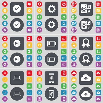 Tick, Gear, Speaker, Media skip, Battery, Medal, Laptop, Smartphone, Cloud icon symbol. A large set of flat, colored buttons for your design. illustration