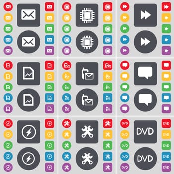 Message, Processor, Rewind, Graph file, SMS, Chat bubble, Flash, Wrench, DVD icon symbol. A large set of flat, colored buttons for your design. illustration