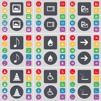 Window, Microwave, SMS, Note, Fire, Arrow right, Cone, Disabled person, Cigarette icon symbol. A large set of flat, colored buttons for your design. illustration