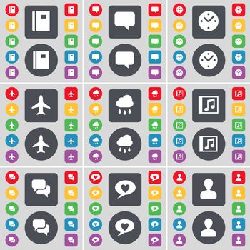 Notebook, Chat bubble, Clock, Airplane, Cloud, Music window, Chat, Avatar icon symbol. A large set of flat, colored buttons for your design. illustration