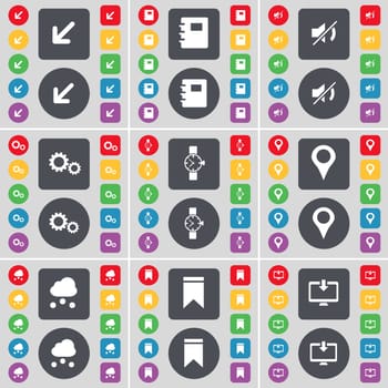 Deploying screen, Notebook, Mute, Gear, Wrist watch, Checkpoint, Cloud, Marker, Monitor icon symbol. A large set of flat, colored buttons for your design. illustration