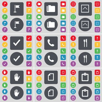 Golf hole, Folder, Arrow up, Tick, Receiver, Fork and knife, Hand, File, Survey icon symbol. A large set of flat, colored buttons for your design. illustration