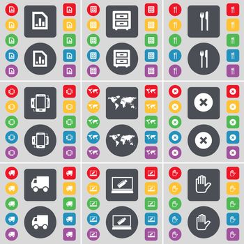Diagram file, Bed-table, Fork and knife, Smartphone, Globe, Stop, Truck, Laptop, Hand icon symbol. A large set of flat, colored buttons for your design. illustration