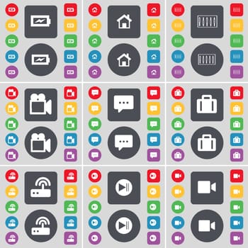 Charging, House, Equalizer, Film camera, Chat bubble, Suitcase, Router, Media skip, Film camera icon symbol. A large set of flat, colored buttons for your design. illustration