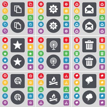 Copy, Gear, Message, Star, Wi-Fi, Trash can, Web cursor, Campfire, Lightning icon symbol. A large set of flat, colored buttons for your design. illustration
