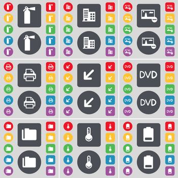 Fire extinguisher, Picture, Printer, Deploying screen, DVD, Folder, Thermometer, Battery icon symbol. A large set of flat, colored buttons for your design. illustration