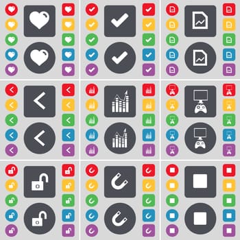 Heart, Tick, Graph file, Arrow left, Graph, Game console, Lock, Magnet, Media stop icon symbol. A large set of flat, colored buttons for your design. illustration