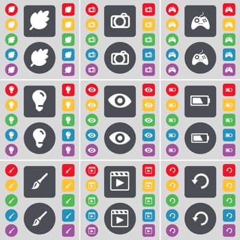 Leaf, Camera, Gamepad, Light bulb, Vision, Battery, Brush, Media player, Reload icon symbol. A large set of flat, colored buttons for your design. illustration
