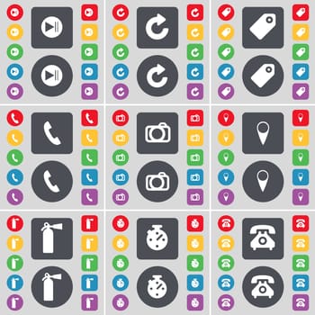Media skip, Reload, Tag, Receiver, Camera, Checkpoint, Fire extinguisher, Stopwatch, Retro phone icon symbol. A large set of flat, colored buttons for your design. illustration