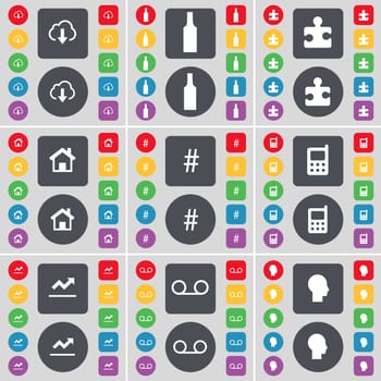 Cloud, Bottle, Puzzle part, House, Hashtag, Mobile phone, Graph, Cassette, Silhouette icon symbol. A large set of flat, colored buttons for your design. illustration