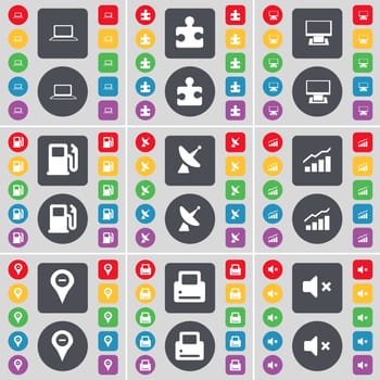 Laptop, Puzzle part, Monitor, Gas station, Satellite dish, Graph, Checkpoint, Printer, Mute icon symbol. A large set of flat, colored buttons for your design. illustration