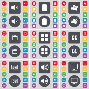 Mute, Battery, Film camera, Calendar, Apps, Quotation mark, Contact, Sound, Monitor icon symbol. A large set of flat, colored buttons for your design. illustration