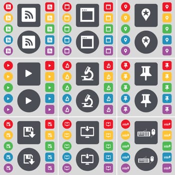 RSS, Window, Checkpoint, Media play, Microscope, Pin, Floppy, Monitor, Keyboard icon symbol. A large set of flat, colored buttons for your design. illustration
