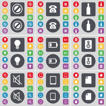 Stop, Retro phone, Bottle, Light bulb, Battery, Speaker, Mute, Tablet PC, File icon symbol. A large set of flat, colored buttons for your design. illustration