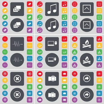 Gallery, Note, Arrow up, Pulse, Laptop, Campfire, Stop, Camera, Back icon symbol. A large set of flat, colored buttons for your design. illustration