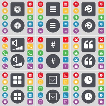 Lens, Apps, Palette, Volume, Hashtag, Quotation mark, Apps, Arrow down, Clock icon symbol. A large set of flat, colored buttons for your design. illustration