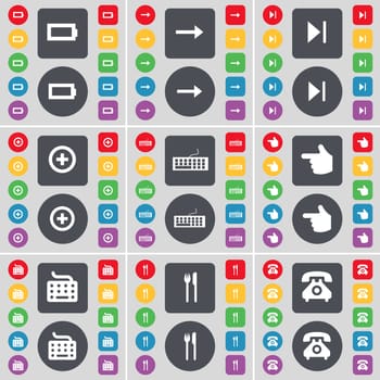 Battery, Arrow right, Media skip, Plus, Keyboard, Hand, Keyboard, Fork and knife, Retro phone icon symbol. A large set of flat, colored buttons for your design. illustration