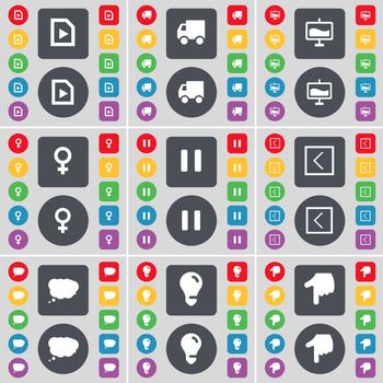 Media file, Truck, Graph, Venus symbol, Pause, Arrow left, Chat cloud, Light bulb, Hand icon symbol. A large set of flat, colored buttons for your design. illustration