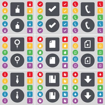 Flag tower, Tick, Receiver, Checkpoint, File, Upload file, Tie, Dictionary, Arrow down icon symbol. A large set of flat, colored buttons for your design. illustration