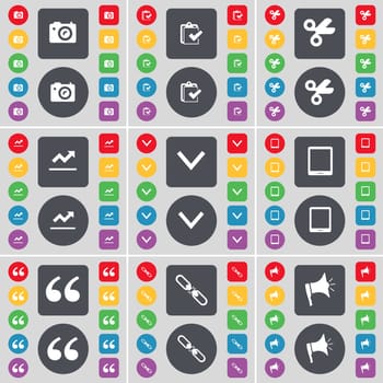 Camera, Survey, Scissors, Graph, Arrow down, Tablet PC, Quotation mark, Link, Megaphone icon symbol. A large set of flat, colored buttons for your design. illustration