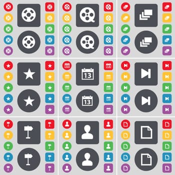 Videotape, Gallery, Star, Calendar, Media skip, Signpost, Avatar, File icon symbol. A large set of flat, colored buttons for your design. illustration
