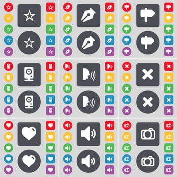 Star, Ink pen, Signpost, Speaker, Talk, Stop, Heart, Sound, Camera icon symbol. A large set of flat, colored buttons for your design. illustration