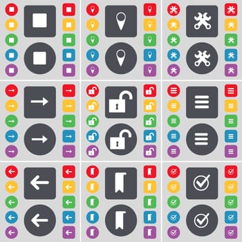 Media stop, Checkpoint, Wrench, Arrow right, Lock, Apps, Arrow left, Marker, Tick icon symbol. A large set of flat, colored buttons for your design. illustration