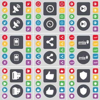 Satellite dish, Compass, Media skip, Mobile phone, Share, Keyboard, Negative films, Like, Badge icon symbol. A large set of flat, colored buttons for your design. illustration
