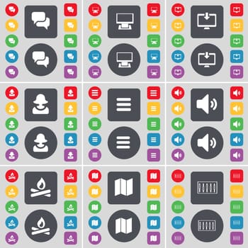 Chat, Monitor, Avatar, Apps, Sound, Campfire, Map, Equalizer icon symbol. A large set of flat, colored buttons for your design. illustration