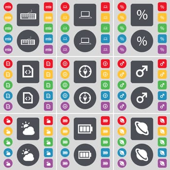 Keyboard, Laptop, Percent, File, Compass, Mars symbol, Cloud, Battery, Planet icon symbol. A large set of flat, colored buttons for your design. illustration