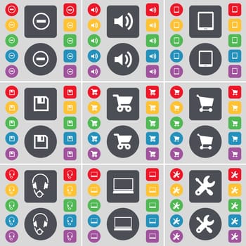 Minus, Sound, Tablet PC, Floppy, Shopping cart, Headphones, Laptop, Wrench icon symbol. A large set of flat, colored buttons for your design. illustration