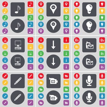 Note, Checkpoint, Light bulb, PC, Arrow down, SMS, Pencil, Film camera, Microphone icon symbol. A large set of flat, colored buttons for your design. illustration