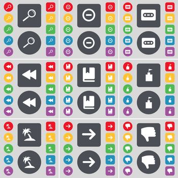 Magnifying glass, Minus, Cassette, Rewind, Dictionary, Flag tower, Palm, Arrow right, Dislike icon symbol. A large set of flat, colored buttons for your design. illustration