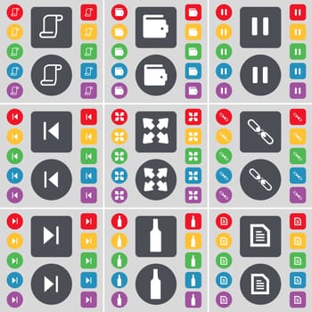 Scroll, Wallet, Pause, Media skip, Full screen, Link, Media skip, Bottle, Text file icon symbol. A large set of flat, colored buttons for your design. illustration