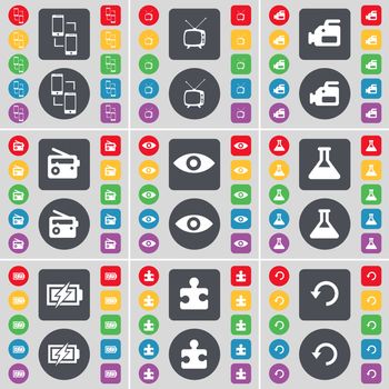 Connection, Retro TV, Film camera, Radio, Vision, Flask, Charging, Puzzle part, Reload icon symbol. A large set of flat, colored buttons for your design. illustration