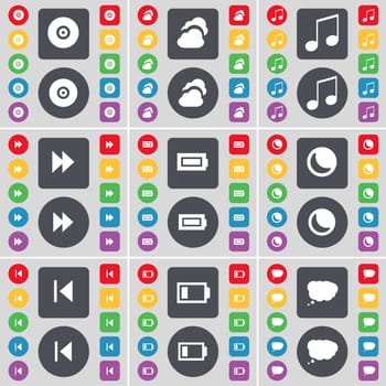 Disk, Cloud, Note, Rewind, Battery, Moon, Media skip, Chat cloud icon symbol. A large set of flat, colored buttons for your design. illustration