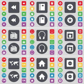 Rewind, Notebook, Star, Keyboard, Headphones, Windows, Globe, House, Socket icon symbol. A large set of flat, colored buttons for your design. illustration