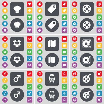 Cooking hat, Tag, Videotape, Dropbox, Map, Gramophone, Mars symbol, Train, Videotape icon symbol. A large set of flat, colored buttons for your design. illustration