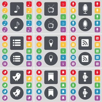 Note, Retro TV, Microphone, List, Checkpoint, RSS, Bird, Marker, Wrist watch icon symbol. A large set of flat, colored buttons for your design. illustration