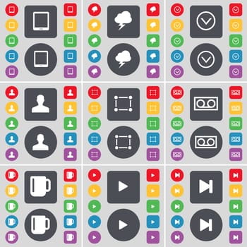 Tablet PC, Lightning, Arrow down, Avatar, Frame, Cassette, Cup, Media play, Media skip icon symbol. A large set of flat, colored buttons for your design. illustration