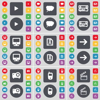 Media play, Chat cloud, Record-player, Monitor, ZIP file, Arrow right, Projector, Mobile phone, Clapper icon symbol. A large set of flat, colored buttons for your design. illustration