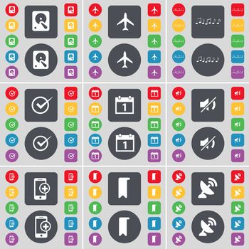 Hard drive, Airplane, Note, Tick, Calendar, Mute, Smartphone, Marker, Satellite dish icon symbol. A large set of flat, colored buttons for your design. illustration